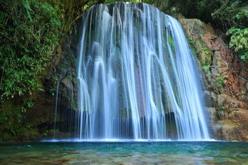 Fototapeta premium Serene waterfall cascading over mossy rocks surrounded by lush greenery into a clear calm pool below