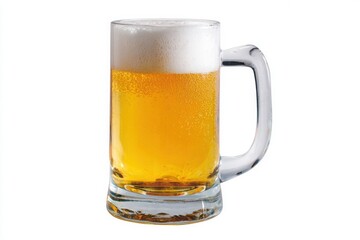 Cold refreshing lager in glass beer mug with frothy white head against a white background