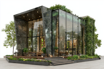 Fototapeta premium Modern Architectural Harmony: A captivating modern building seamlessly blends natural elements with innovative design, featuring glass walls that reflect the surrounding environment.