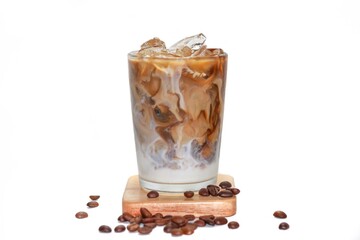 Ice latte ice coffee serving on wooden plates in white background.