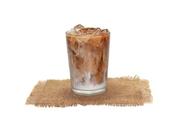 Menu Ice latte coffee put on wooden plates and coffee beans spread in white background and isolate photo concept.