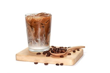 Latte ice coffee served on wooden plates, served with coffee beans in white background by isolation...
