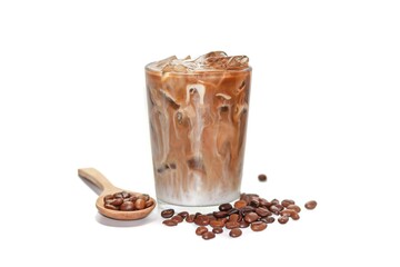 Menu Latte ice coffee put on sack and coffee beans spread on white background and isolate photo...