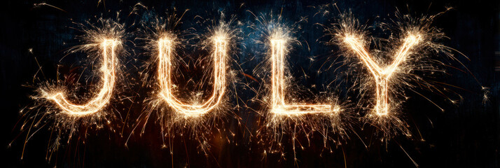 Sparkler writing of the month July illuminated against a dark background with festive atmosphere