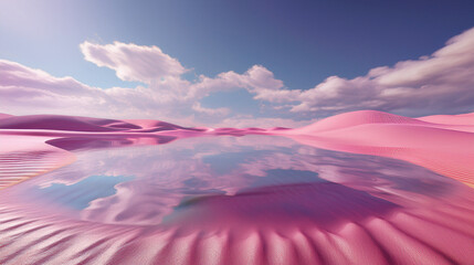 modern abstract minimalist background. Water in the middle of the pink desert under the blue sky with white clouds. Fantasy landscape