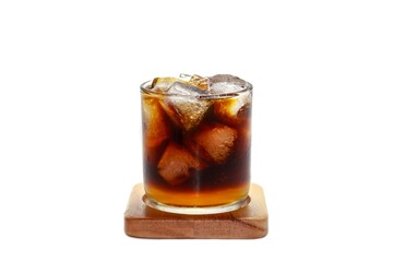 Ice Americano oranges juice served on wooden plates in white background and isolate concept.