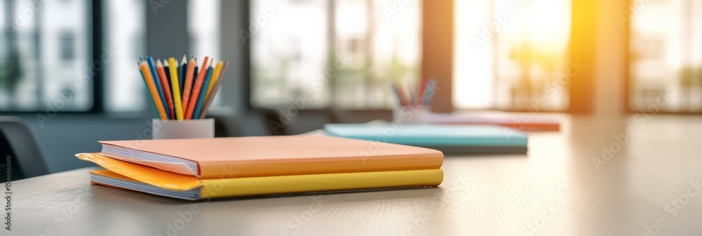 Poster notebooks and colored pencils are sitting on a desk in a sunlit classroom, suggesting a back to scho