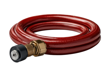 A coiled red hose with end