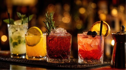 Variety of mixed cocktails sit on a dark bar with garnishes during the evening, ready to be enjoyed at a party