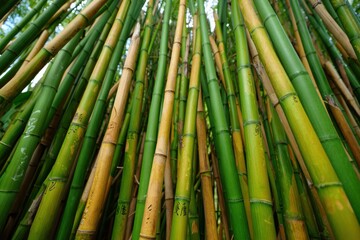 Fototapeta premium Close-up view of tall green and yellow bamboo stalks densely packed together with visible nodes and natural texture under soft lighting