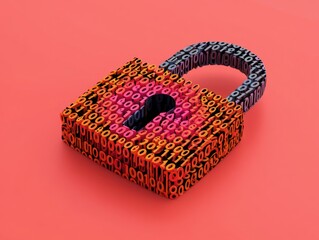 3d padlock composed of colorful binary code digits on a red background symbolizing cybersecurity and data protection