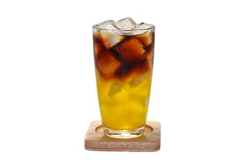 Ice americano oranges juice coffee serving on wooden plates on white background and isolate style.