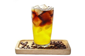 Americano oranges juice ice coffee serving on wooden plates in white background and isolate style.