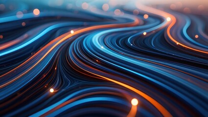 Abstract flowing digital lines in blue and orange colors creating a dynamic and futuristic illuminated wave pattern with glowing light points