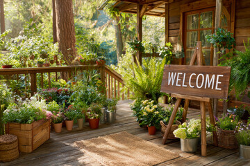 Cozy wooden porch adorned with vibrant plants and a welcoming sign in a serene garden setting