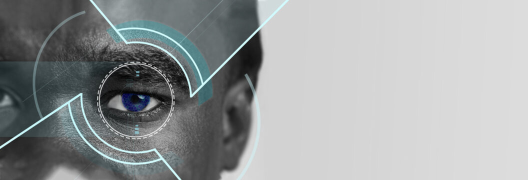 Close-up of a person's eye enhanced with digital graphics showcasing technology and human connection