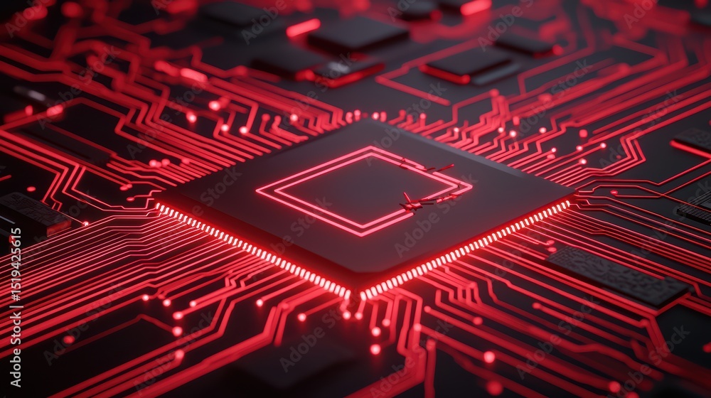 Poster close-up of a futuristic microchip on a circuit board with vibrant red led lights and intricate elec
