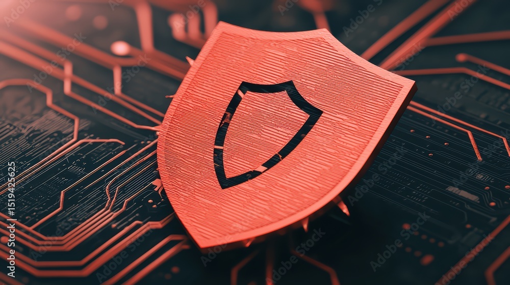 Poster red shield icon on circuit board background representing cybersecurity and digital protection concep