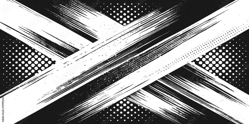 Poster monochrome abstract background with intersecting brush strokes and halftone patterns design creates 