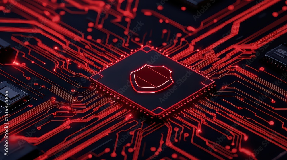 Poster abstract red circuit board design with shield symbol representing cybersecurity and technology prote