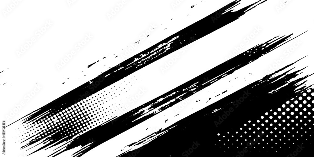 Poster monochrome abstract background with intersecting brush strokes and halftone patterns design creates 