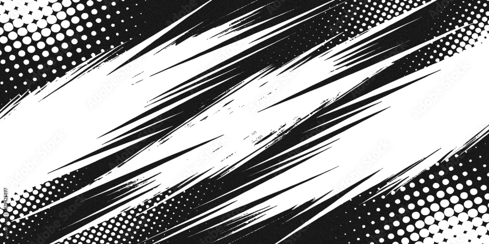 Poster monochrome abstract background with intersecting brush strokes and halftone patterns design creates 