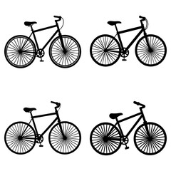 Four bicycle silhouettes with detailed wheels and frames arranged in a square pattern on white background