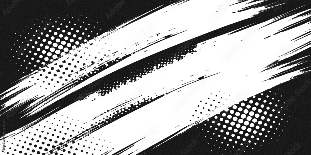 Poster monochrome abstract background with intersecting brush strokes and halftone patterns design creates 