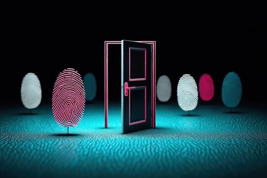 An open door surrounded by multiple illuminated fingerprint patterns standing upright on a textured surface, evoking a sense of mystery and identity exploration