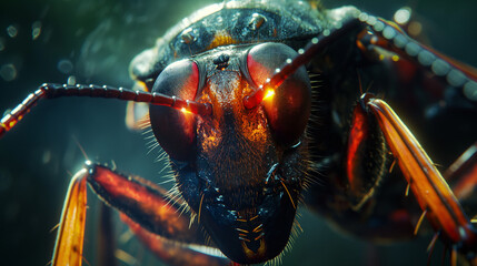 Intense Macro Portrait: A Close-Up of an Insect's Head, Featuring Fiery, Luminous Red Compound Eyes, Intricate Antennas, and Textured Exoskeleton, Revealing the Microscopic World's Hidden Beauty.