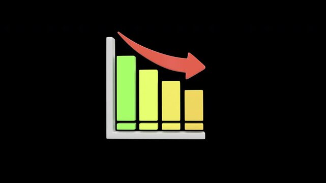 3D bar chart with downward arrow decline, loss, decrease, negative trend, economic downturn, or business performance drop with Alpha Channel