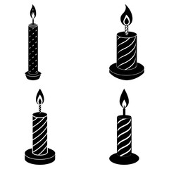 Four black and white candles with flames flickering on top arranged in a square formation on white background