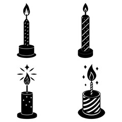 Illustration of four black and white decorative candles with flames and unique patterns and bases design