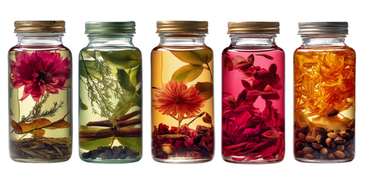  five glass bottles with various herbs and flower petals inside isolated on white background