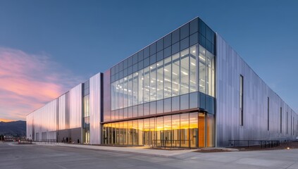 Obraz premium Modern industrial building exterior at sunset