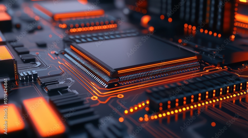 Poster close-up view of a modern computer circuit board with orange lighting and complex electronic compone