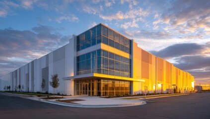Modern industrial building with glass facade exterior