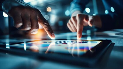 Two people analyze charts on tablet, focus on African descent hand touching screen. Business teamwork, technology concept. - Powered by Adobe