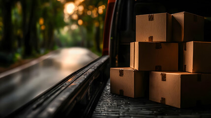 Loaded Pickup Truck Bed With Cardboard Boxes In Forest