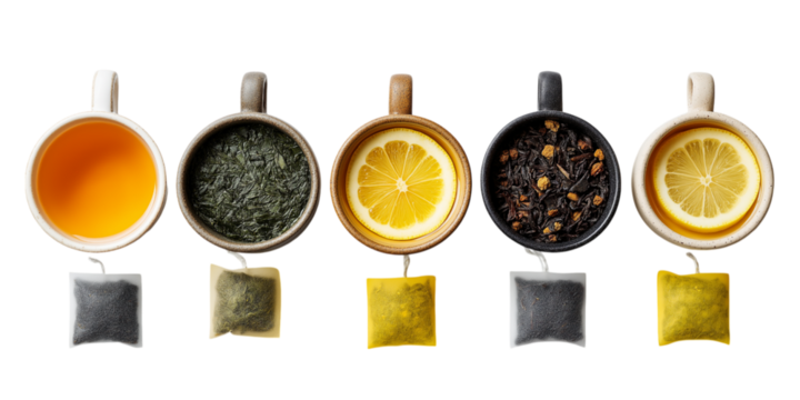 range of teas with fresh lemons isolated on white background