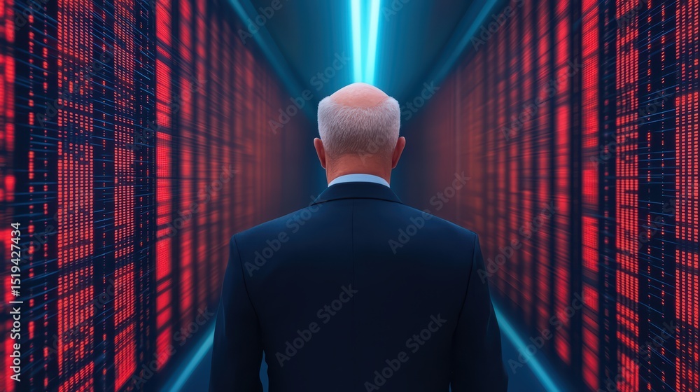 Poster futuristic businessman in digital environment with data streams and neon lights, facing unknown poss