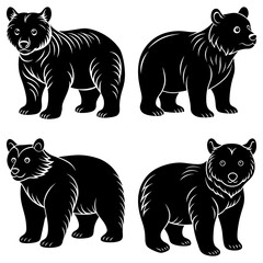 Four black bear illustrations in various poses standing and looking in different directions on a white background