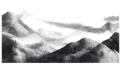 Gritty stippled pattern, abstract undulating rocky mountain background, grainy monochrome texture, flowing hills, vector illustration, halftone noise, mountain landscape, organic texture.