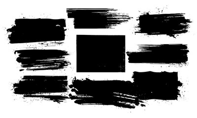 Grunge brush strokes in distressed ink texture, bold rectangle shapes, monochrome paint splatter elements, rough edge, dry brush effect, vector illustration, abstract ink art.