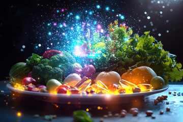 A holographic display of glowing vitamins and nutrients rotating around a beautifully arranged plate of fresh produce.