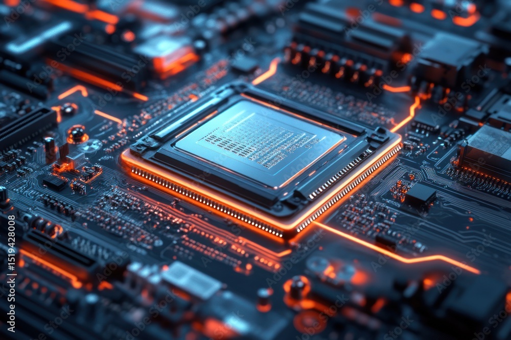 Poster close up of a glowing processor chip on a circuit board