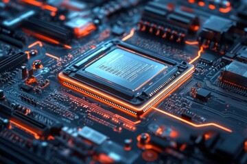 Close up of a glowing processor chip on a circuit board