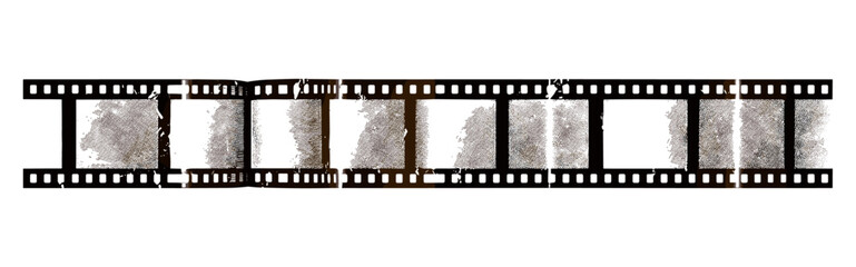 Grunge film strip, retro scratched camera photo roll, old filmstrip with perforation, border frame with place for pictures, vector illustration, vintage photo reel, retro filmstrip design.