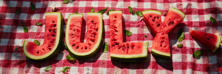 Summer banner wuth watermelon slices arranged to spell out July on a checkered picnic blanket with mint leaves