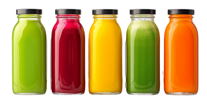 colorful array of glass bottles filled with vibrant and nutritious juice blends isolated on white background